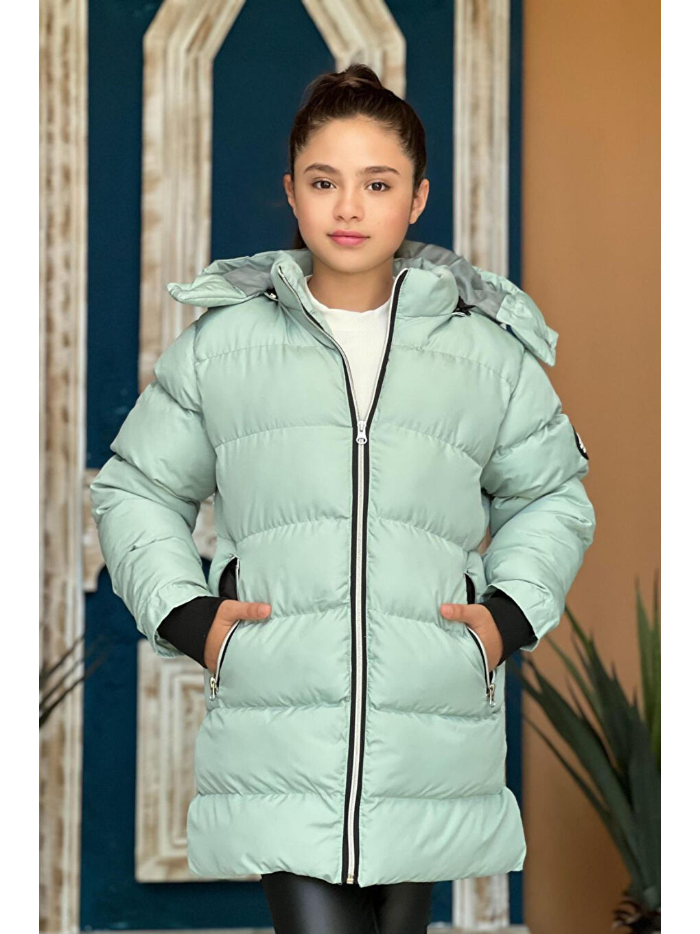 Turkuaz Kız Çocuk Kapüşonlu Kalın Uzun Şişme Mont KM.YY31-1