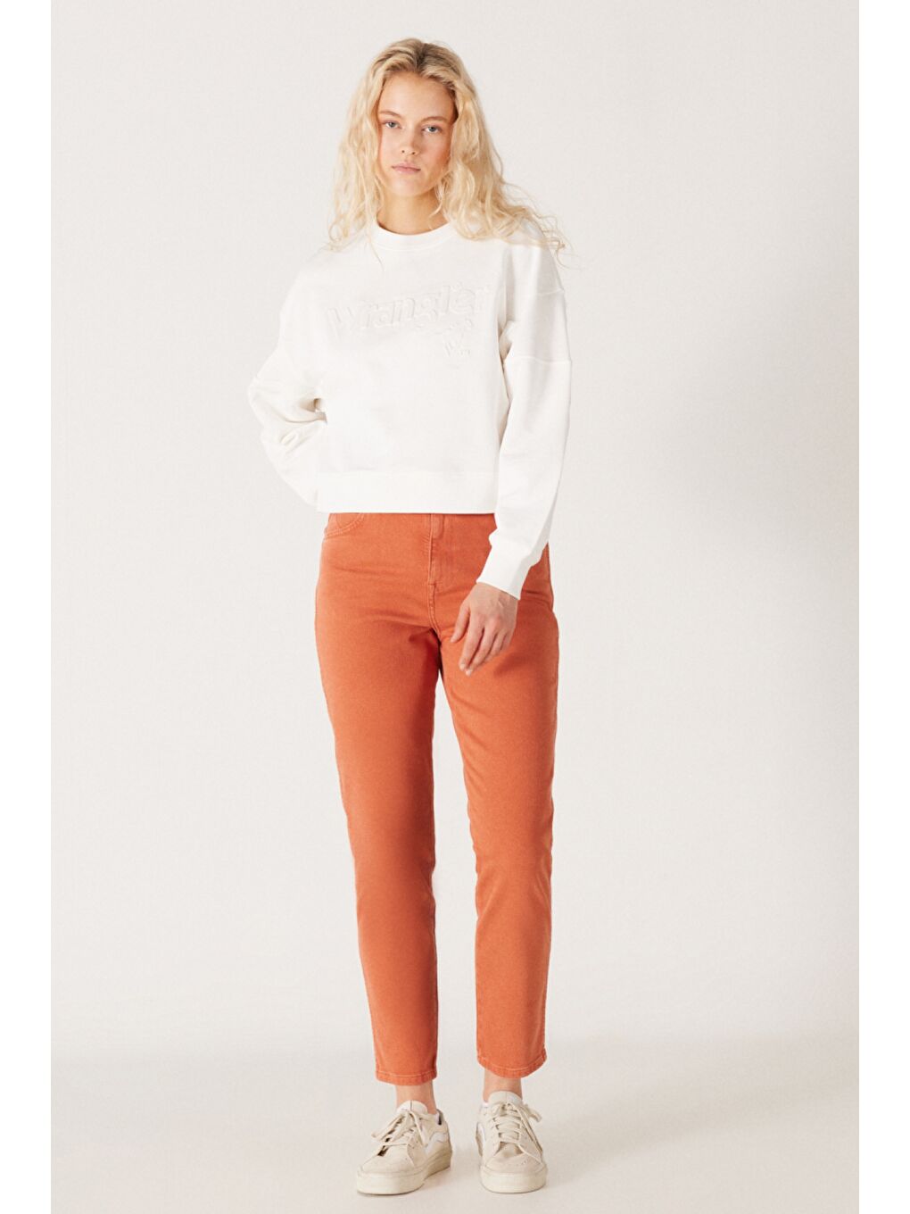 Kahverengi Mom Straight Fit Düz Kesim Yüksek Bel Turuncu Esnek Pantolon-2