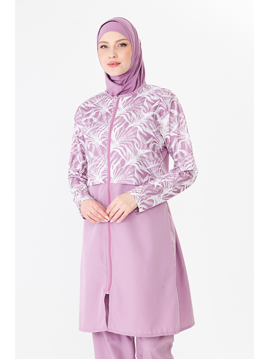 Tam Kapalı Paraşüt Kumaş Desenli Tesettür Mayo Pembe-3502-1