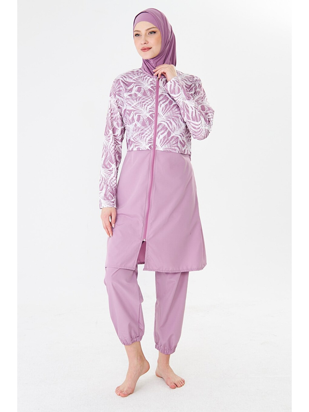Tam Kapalı Paraşüt Kumaş Desenli Tesettür Mayo Pembe-3502-2