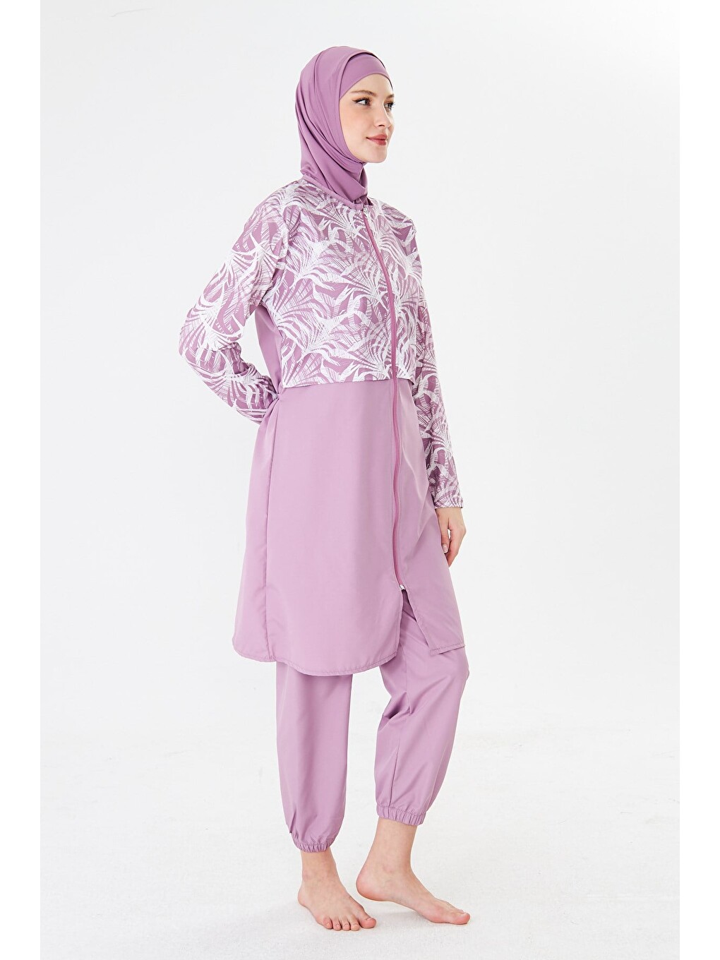 Tam Kapalı Paraşüt Kumaş Desenli Tesettür Mayo Pembe-3502-3