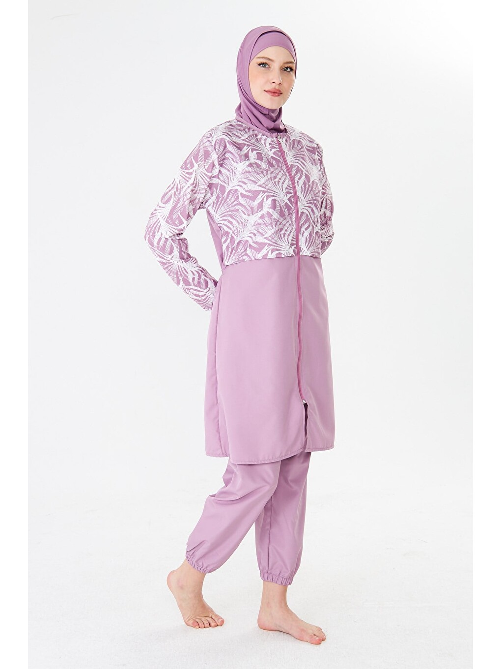 Tam Kapalı Paraşüt Kumaş Desenli Tesettür Mayo Pembe-3502-4