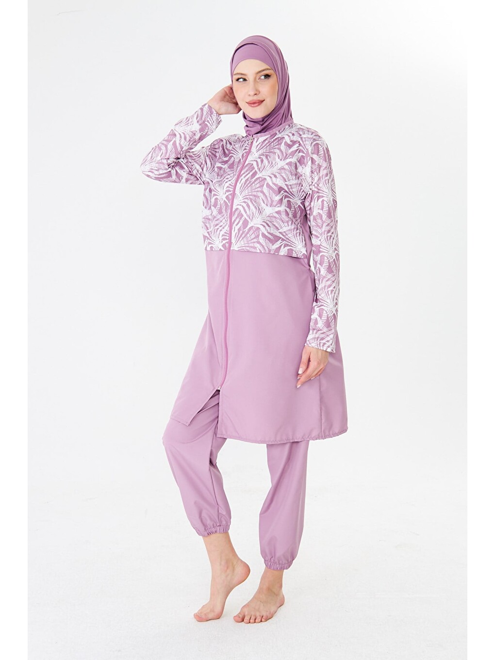 Tam Kapalı Paraşüt Kumaş Desenli Tesettür Mayo Pembe-3502-6
