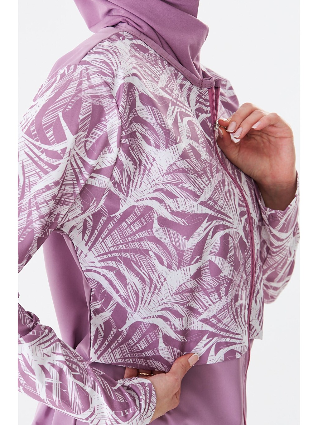 Tam Kapalı Paraşüt Kumaş Desenli Tesettür Mayo Pembe-3502-8