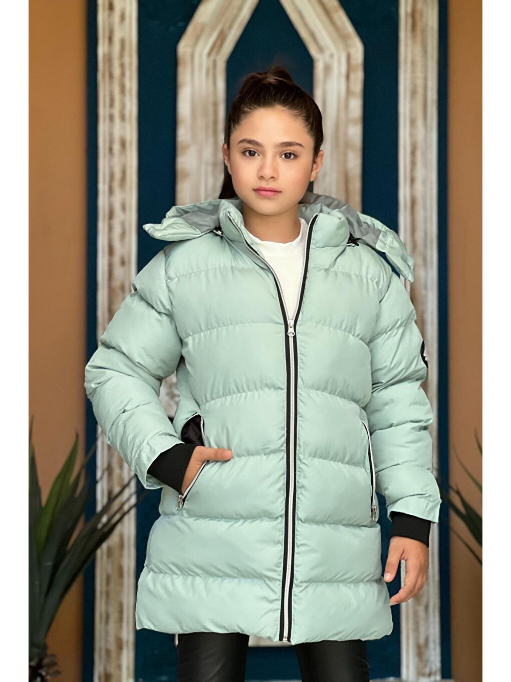 Turkuaz Kız Çocuk Kapüşonlu Kalın Uzun Şişme Mont KM.YY31-2