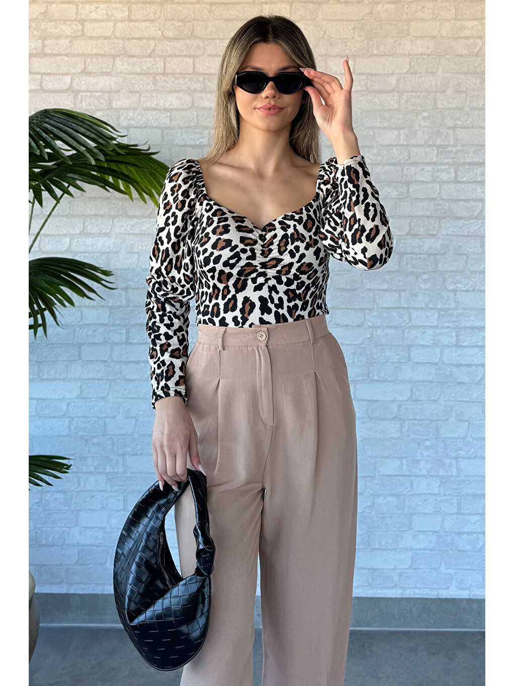 Kahverengi Kadın Leopar Desen Crop Top Bluz-1