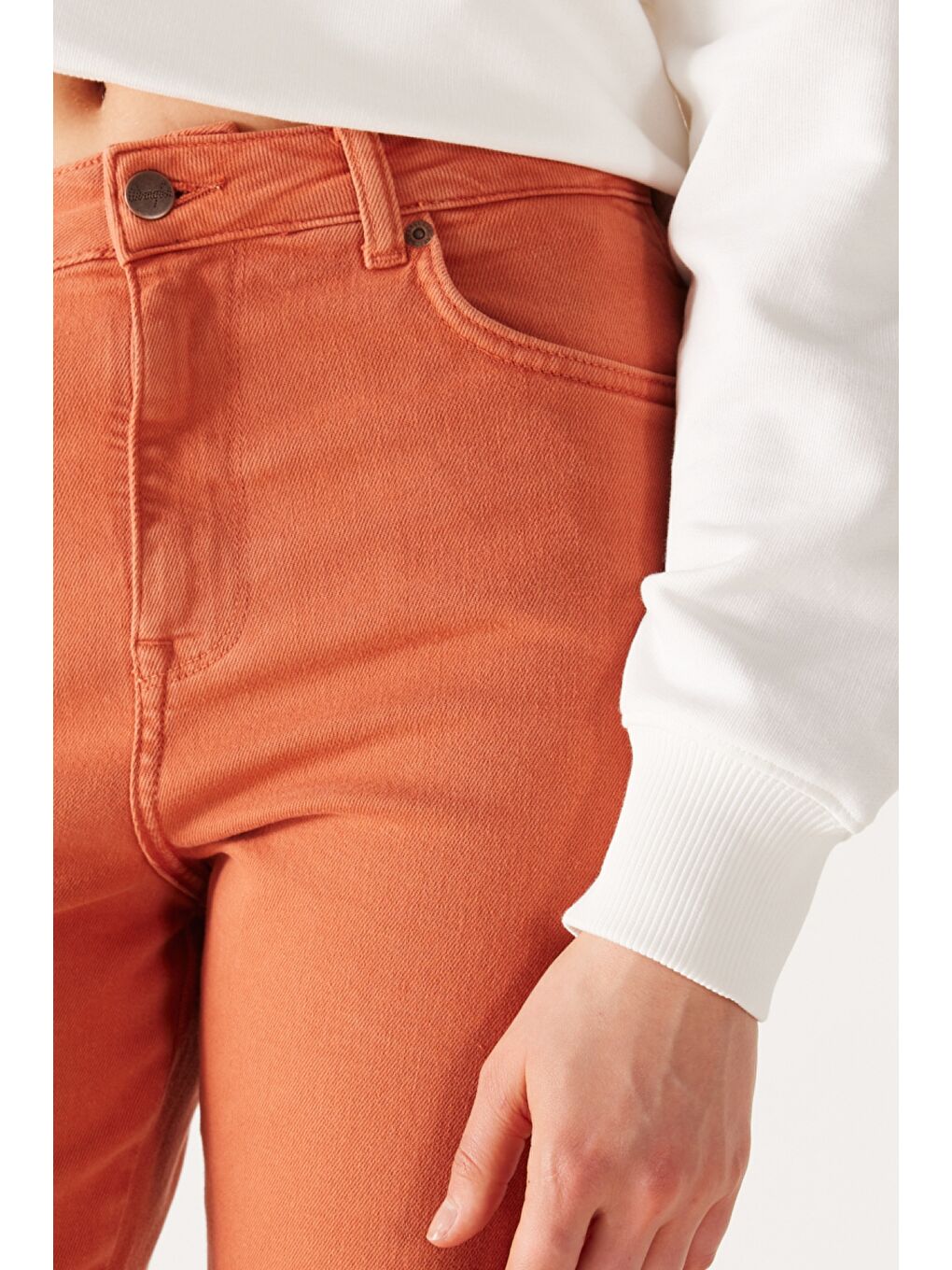 Kahverengi Mom Straight Fit Düz Kesim Yüksek Bel Turuncu Esnek Pantolon-3