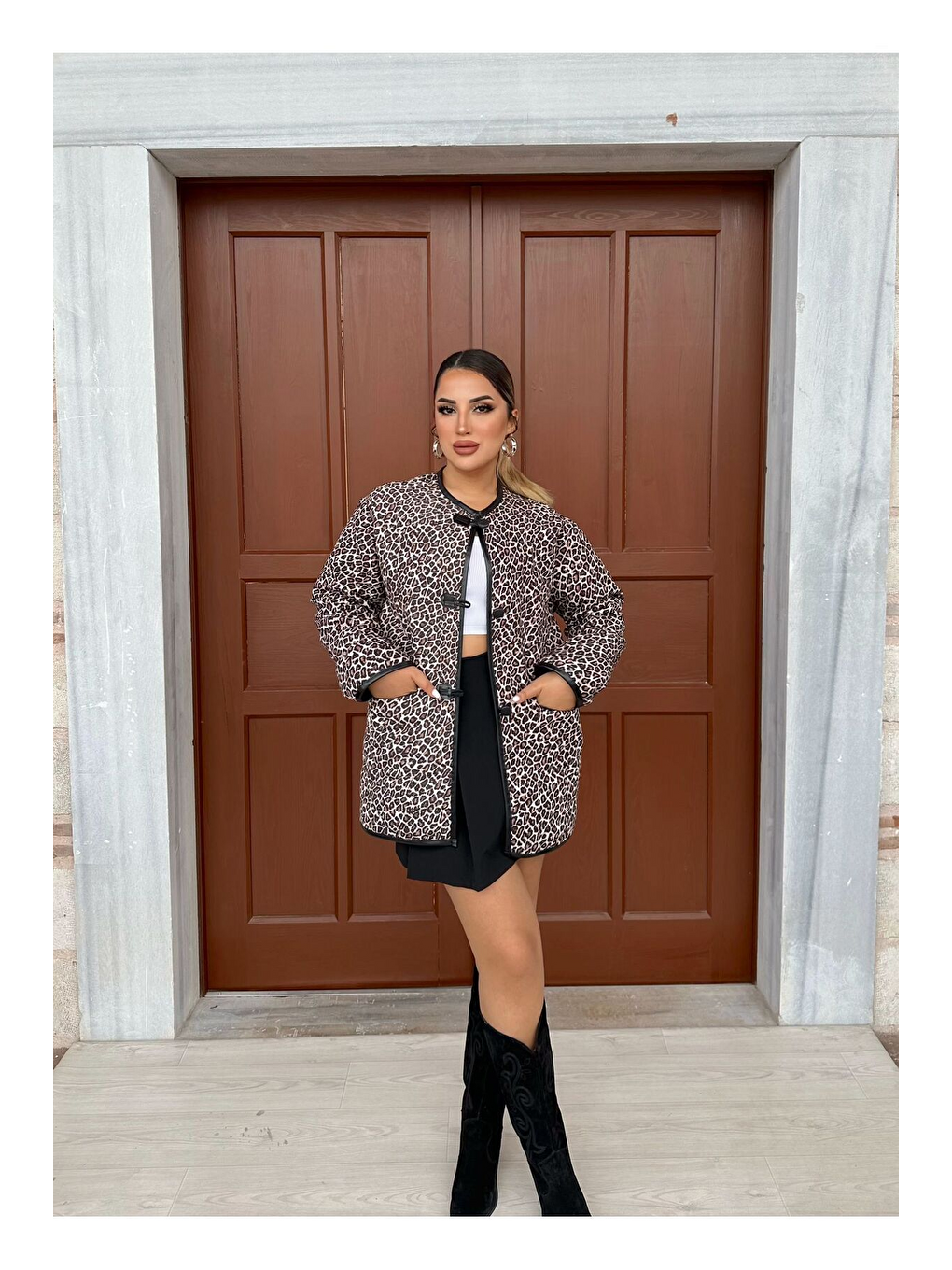 Kahverengi İçi Deri Teddy Kumaş Biyeli Çoban Düğmeli Ceket Mont-2