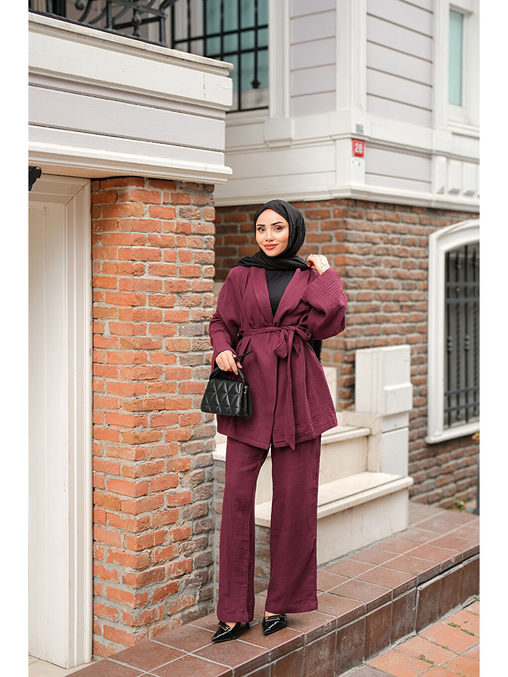 Kadın Bel Bağlamalı Müslin Takım Mürdüm-1