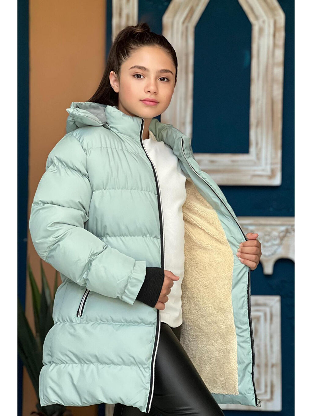 Turkuaz Kız Çocuk Kapüşonlu Kalın Uzun Şişme Mont KM.YY31-4
