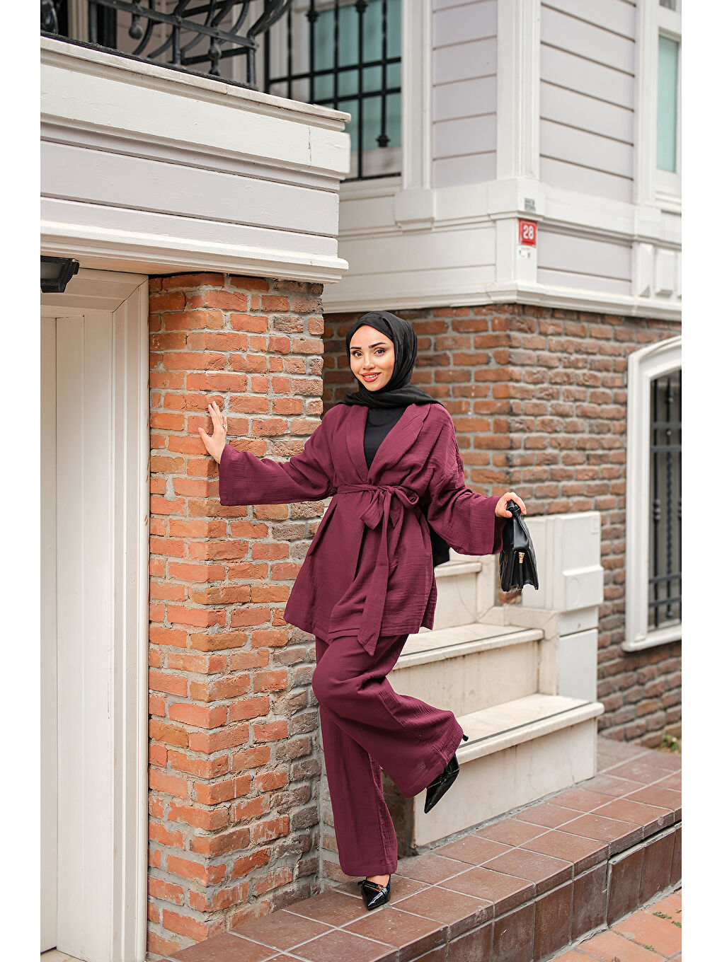 Kadın Bel Bağlamalı Müslin Takım Mürdüm-3