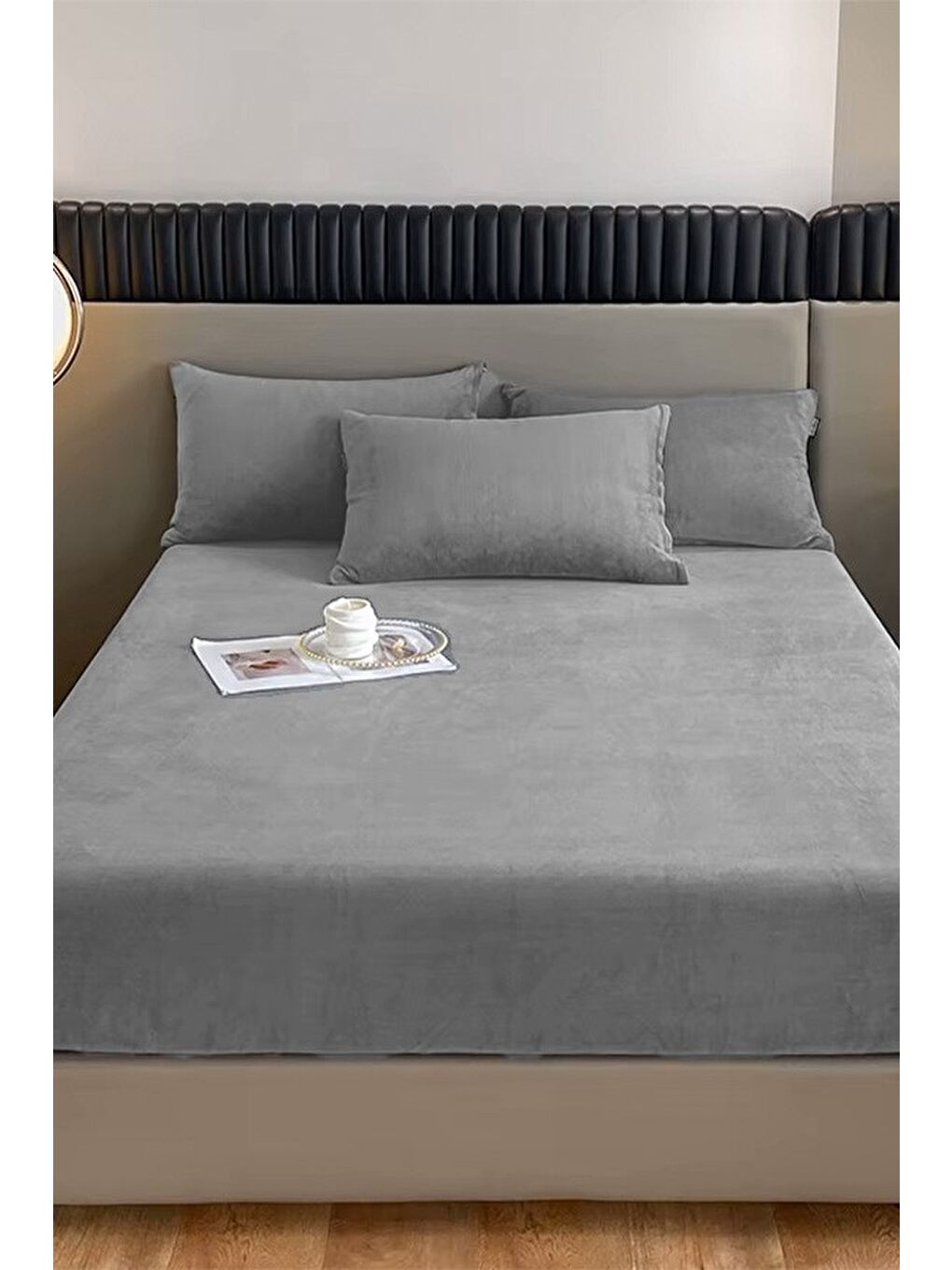 Gri Kadife Kumaş Çift Kişilik Fitted Lastikli Çarşaf Takımı 160x200+30 cm-1