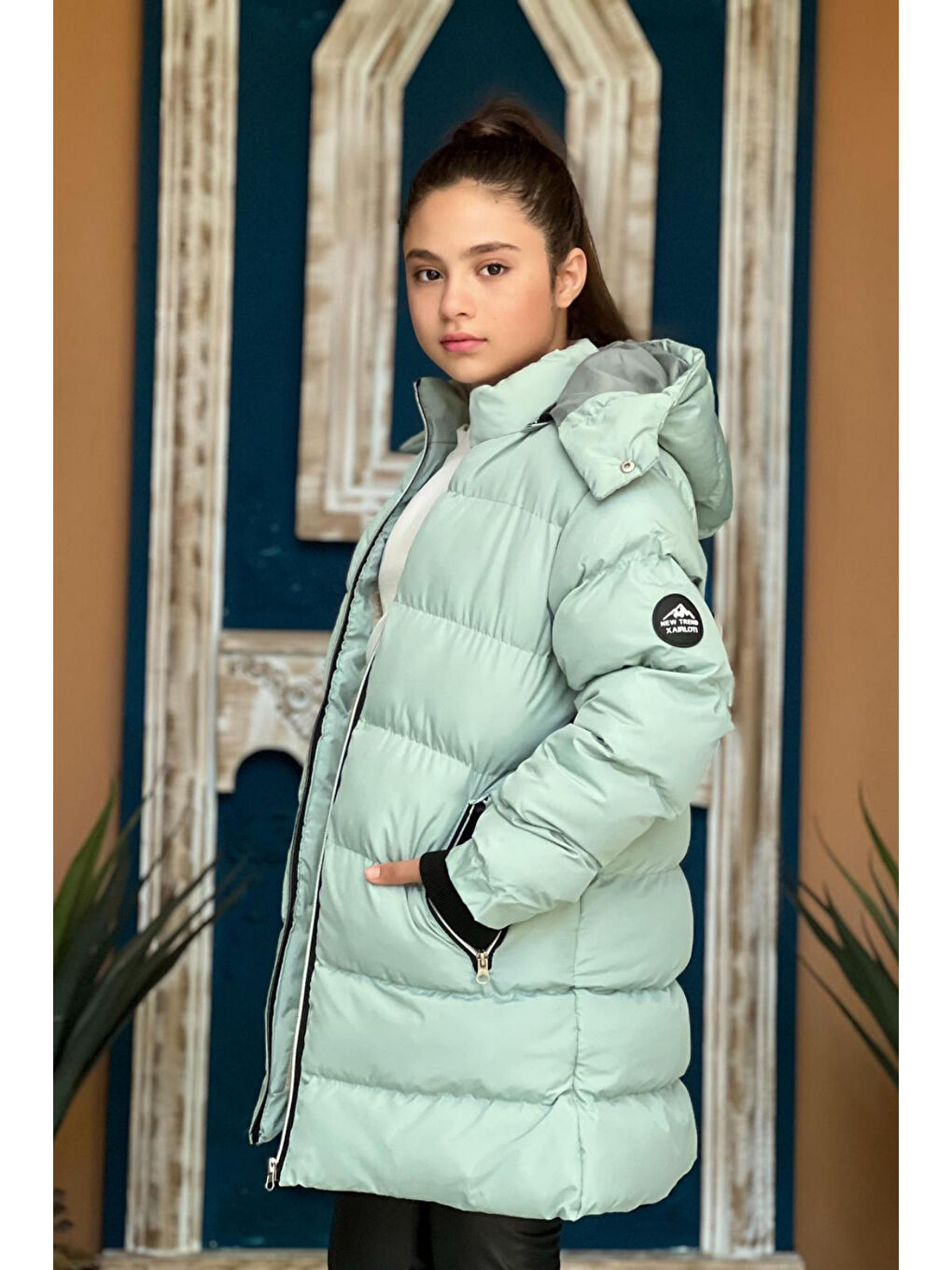 Turkuaz Kız Çocuk Kapüşonlu Kalın Uzun Şişme Mont KM.YY31-5