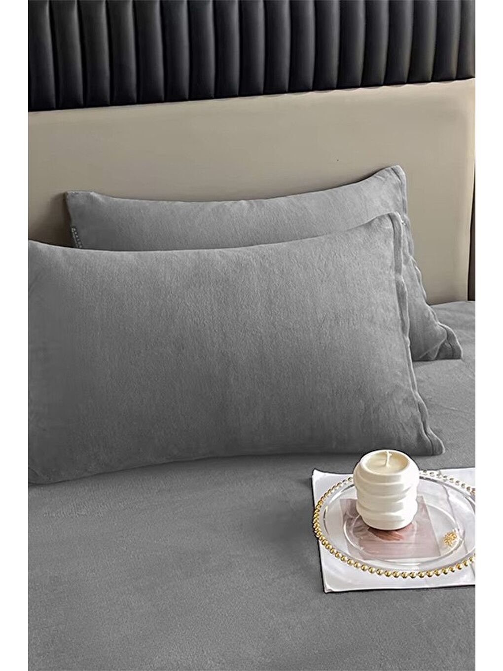 Gri Kadife Kumaş Çift Kişilik Fitted Lastikli Çarşaf Takımı 160x200+30 cm-2