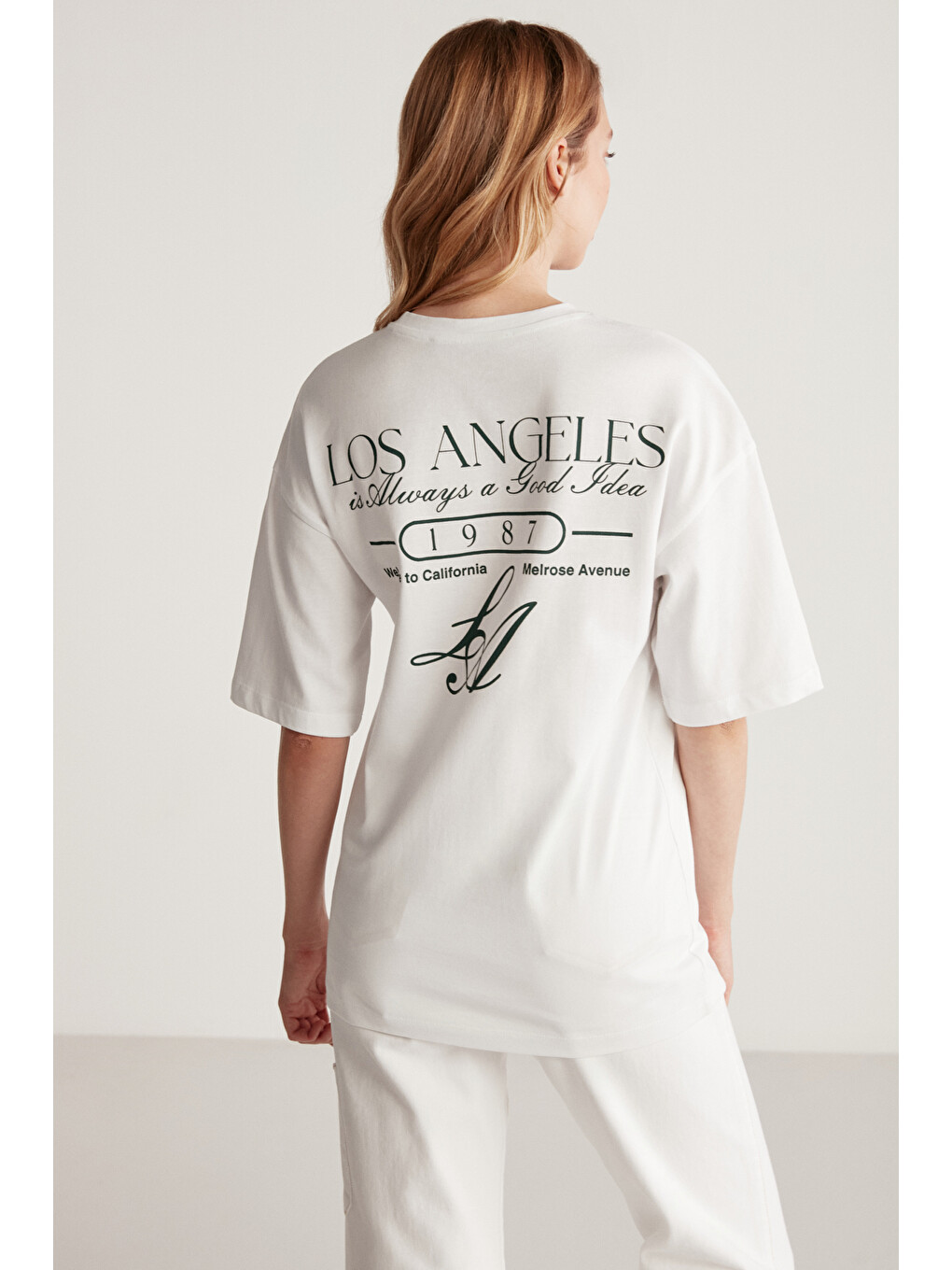 Yeşil JANNA Kadın Şehir Temalı Ön Ve Arka Baskı Detaylı Oversize Fit Bisiklet Yaka YEŞİL-BEYAZ T-Shirt-4