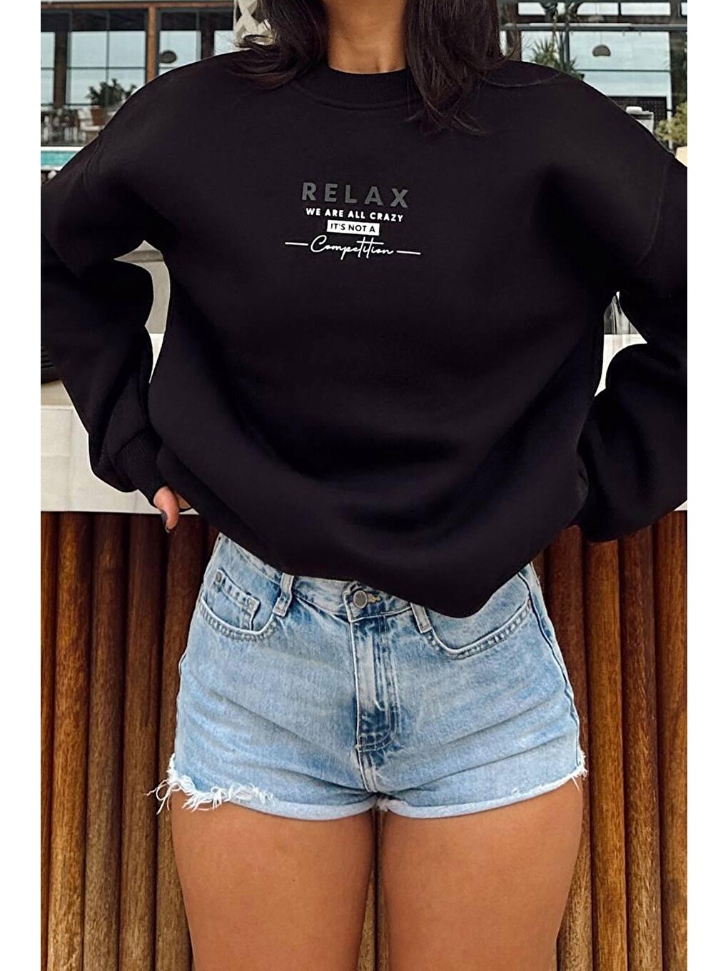 Siyah 3 İplik Relax Baskılı Oversize Sweatshirt-1