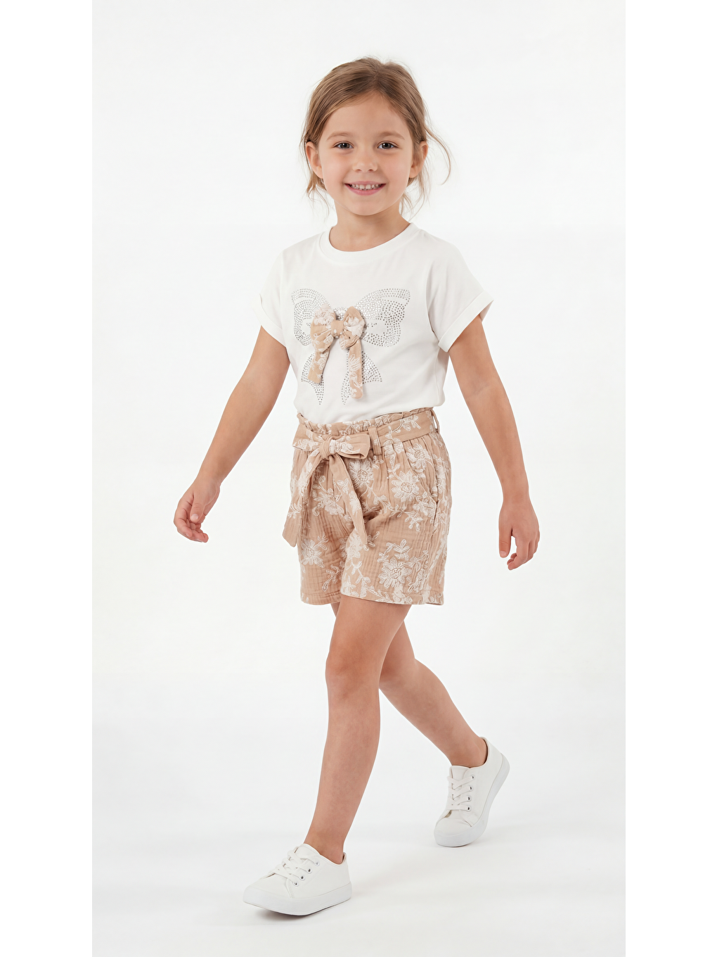 Pembe Papyon Kurdeleli Taşlı Kız Çocuk Tişört-Şort Takım-1