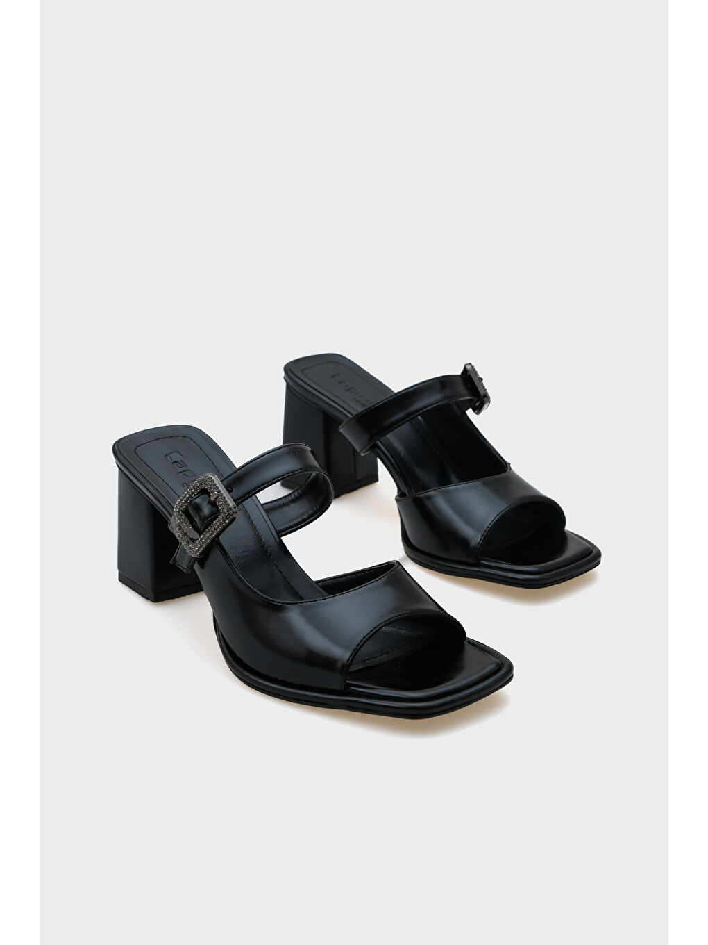 Siyah Monika Küt Burunlu Orta Topuklu Taşlı Tokalı Kadın Terlik-2