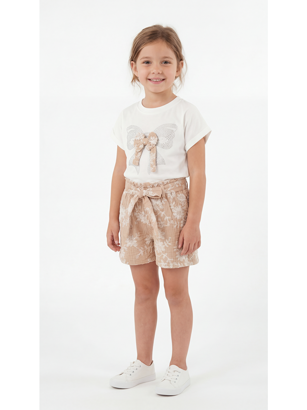 Pembe Papyon Kurdeleli Taşlı Kız Çocuk Tişört-Şort Takım-2