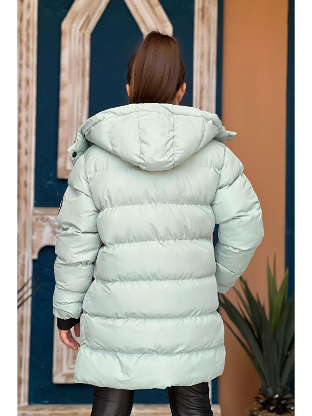 Turkuaz Kız Çocuk Kapüşonlu Kalın Uzun Şişme Mont KM.YY31-6