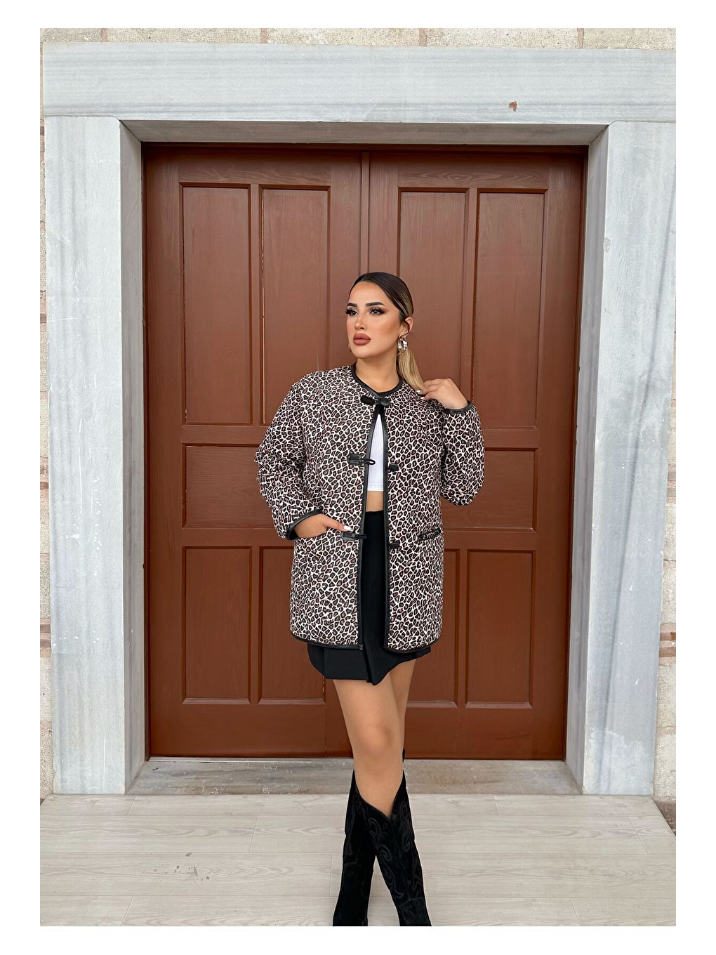 Kahverengi İçi Deri Teddy Kumaş Biyeli Çoban Düğmeli Ceket Mont-1