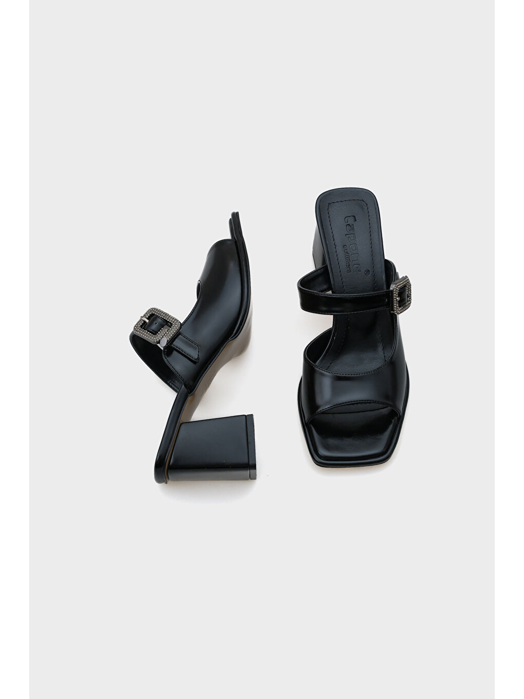 Siyah Monika Küt Burunlu Orta Topuklu Taşlı Tokalı Kadın Terlik-4