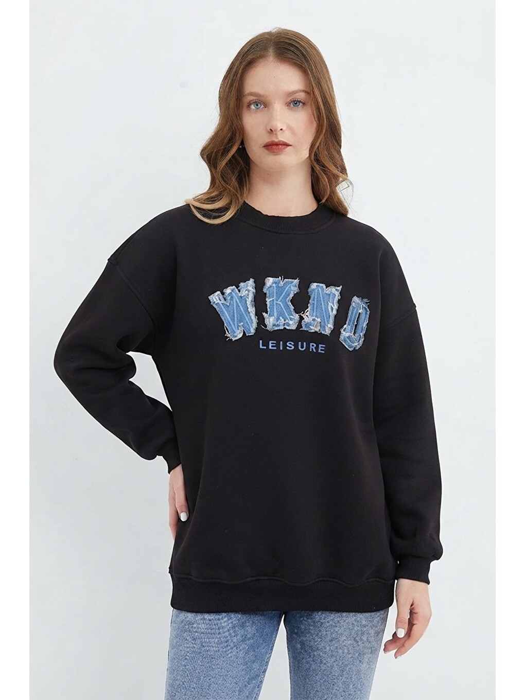 Siyah 3 İplik Jean Nakışlı Oversize Sweatshirt