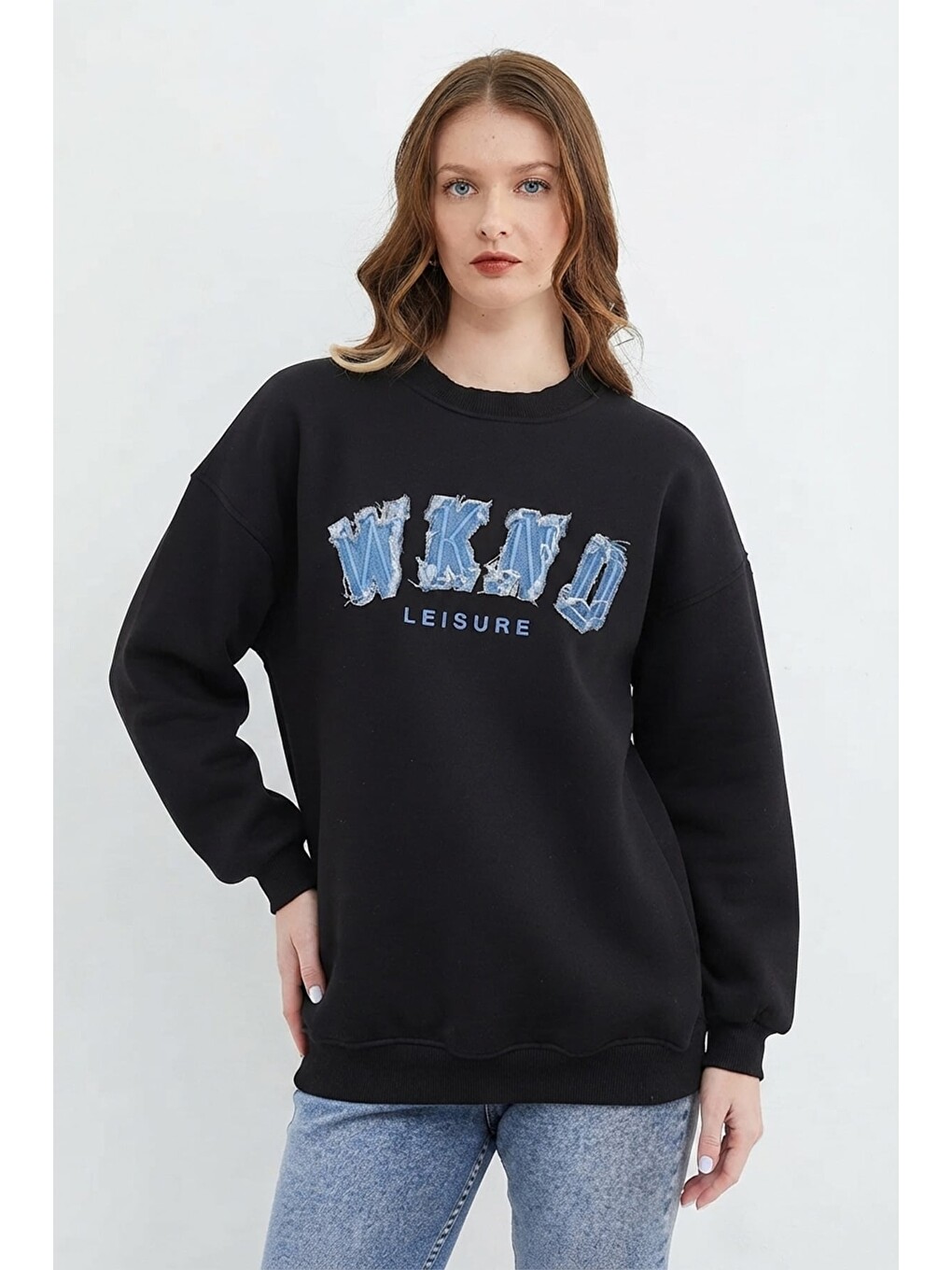 Siyah 3 İplik Jean Nakışlı Oversize Sweatshirt-1