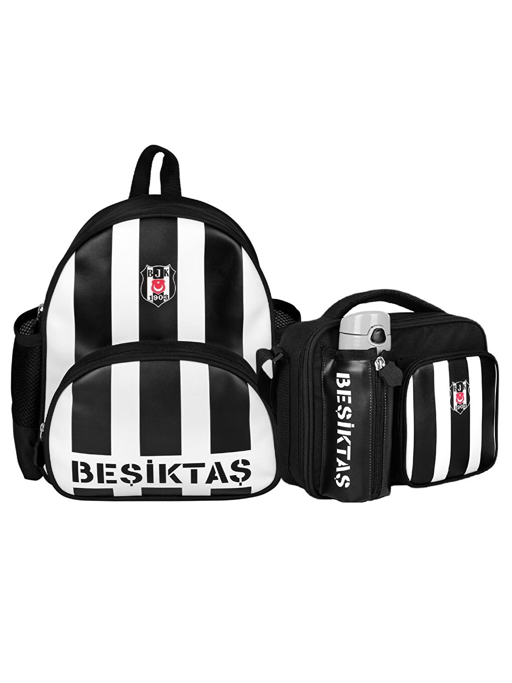 Beşiktaş Siyah-Beyaz 2 Bölmeli  Çubuklu Suni Deri Anaokulu Çantası+Beslenme Çantası