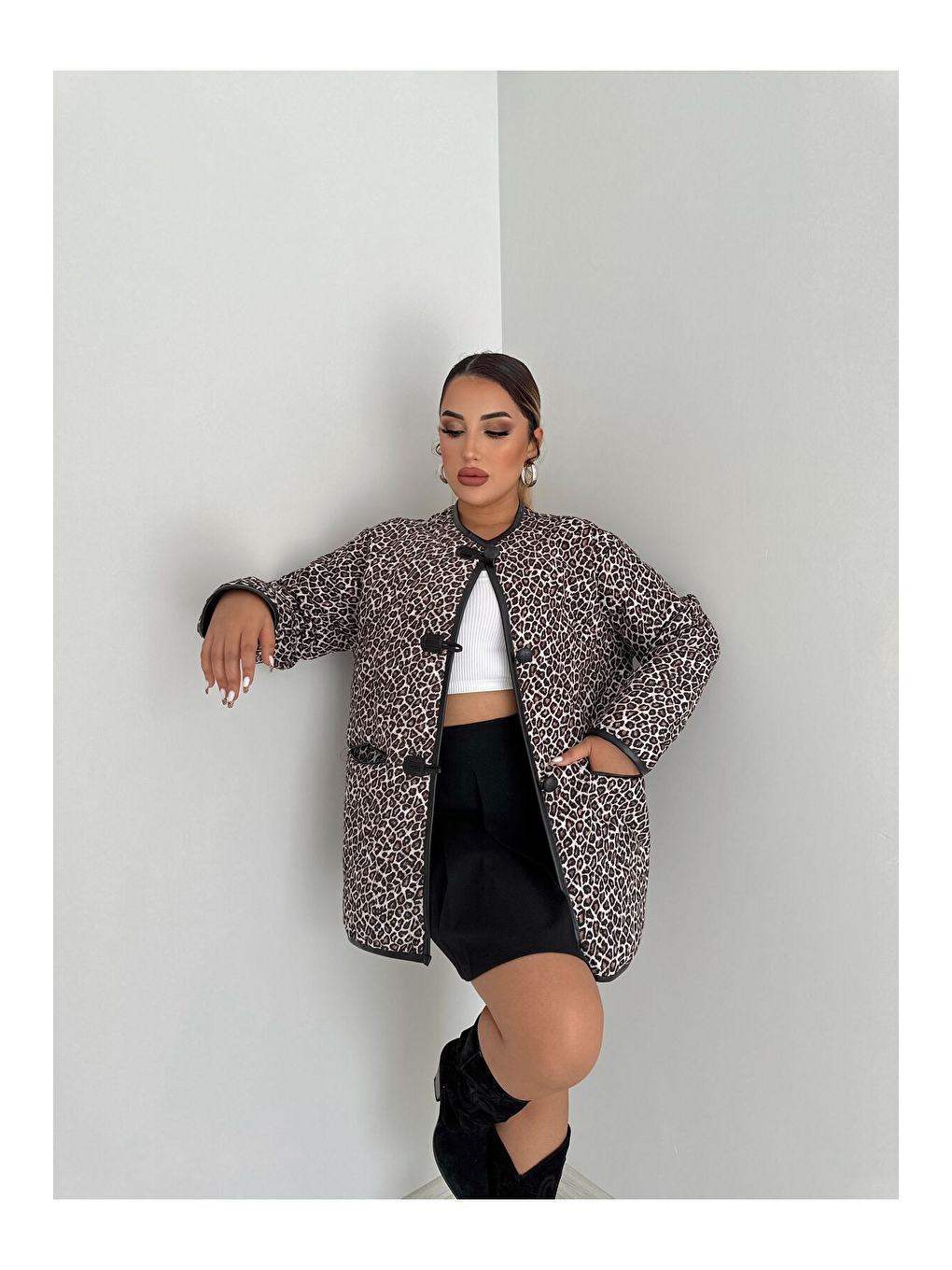 Kahverengi İçi Deri Teddy Kumaş Biyeli Çoban Düğmeli Ceket Mont-3