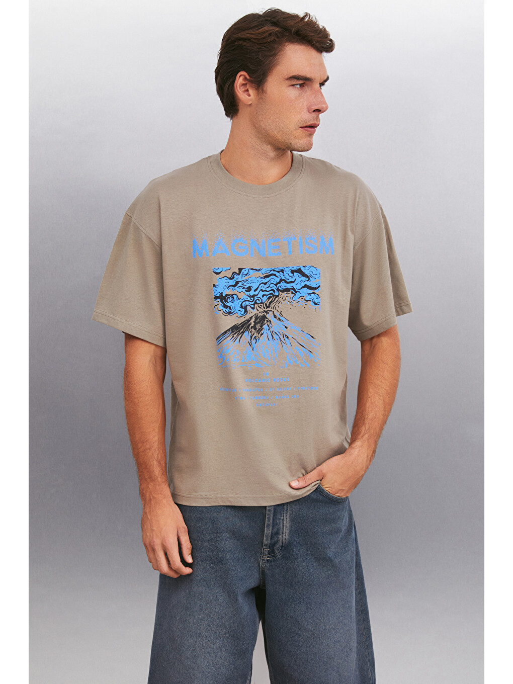 Bej MADDOX Erkek %100 Organik Pamuklu Baskı Detaylı Kalın Dokulu Oversize Fit VİZON T-Shirt-2