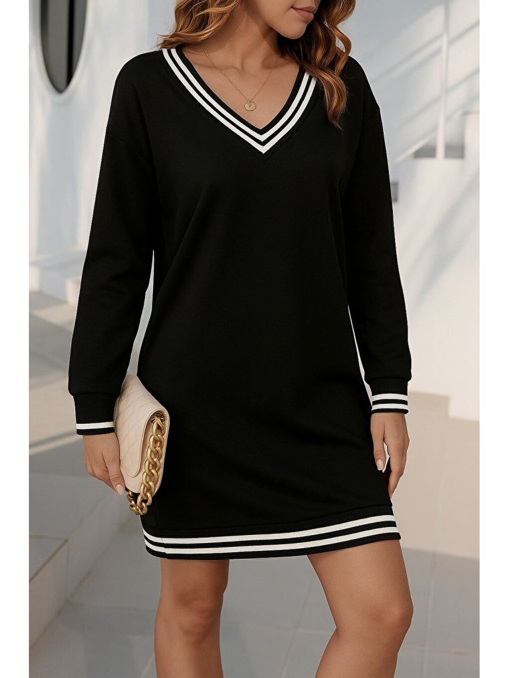 Siyah Kadın Uzun Kollu V Yakalı şerit Detaylı Kısa Viskon Iki Iplik Elbise