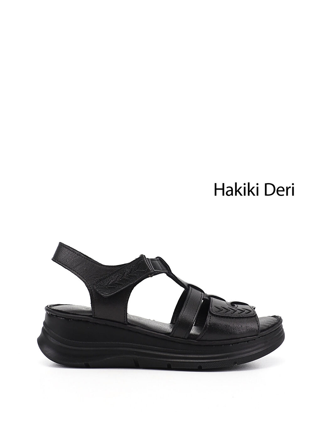 Siyah Kadın SİYAH Cırt Bantlı Dolgu Topuk Hakiki Deri Sandalet