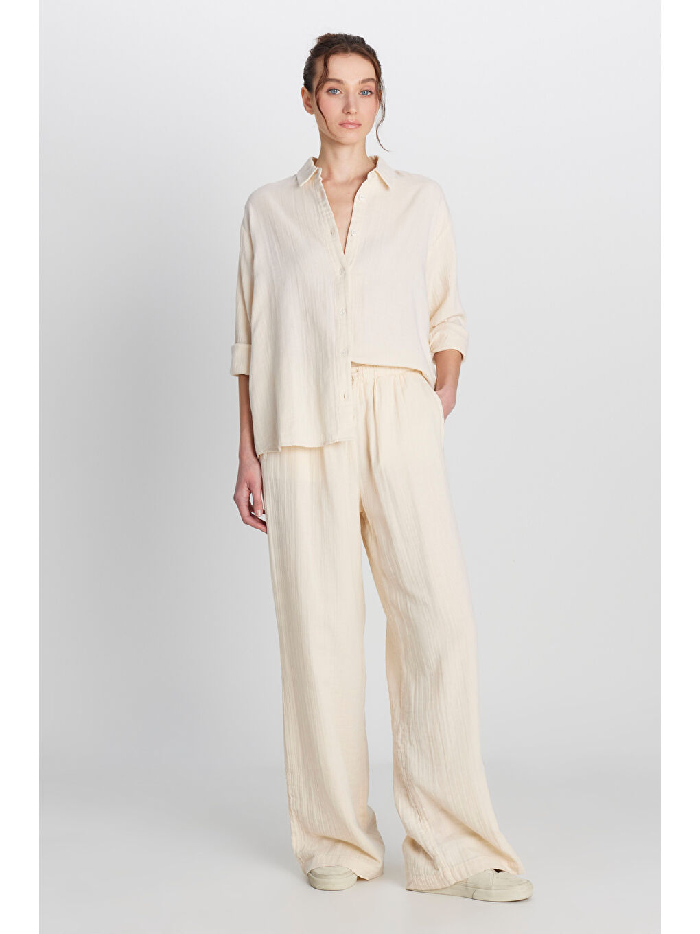 %100 Pamuk Relaxed Fit Geniş Kesim Ekru Müslin Gömlek-2