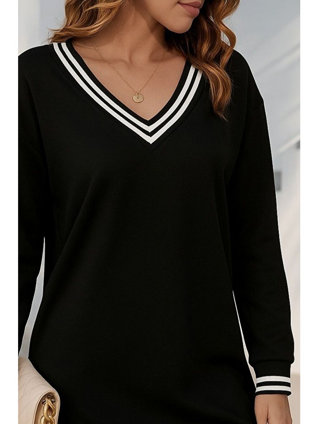 Siyah Kadın Uzun Kollu V Yakalı şerit Detaylı Kısa Viskon Iki Iplik Elbise-1