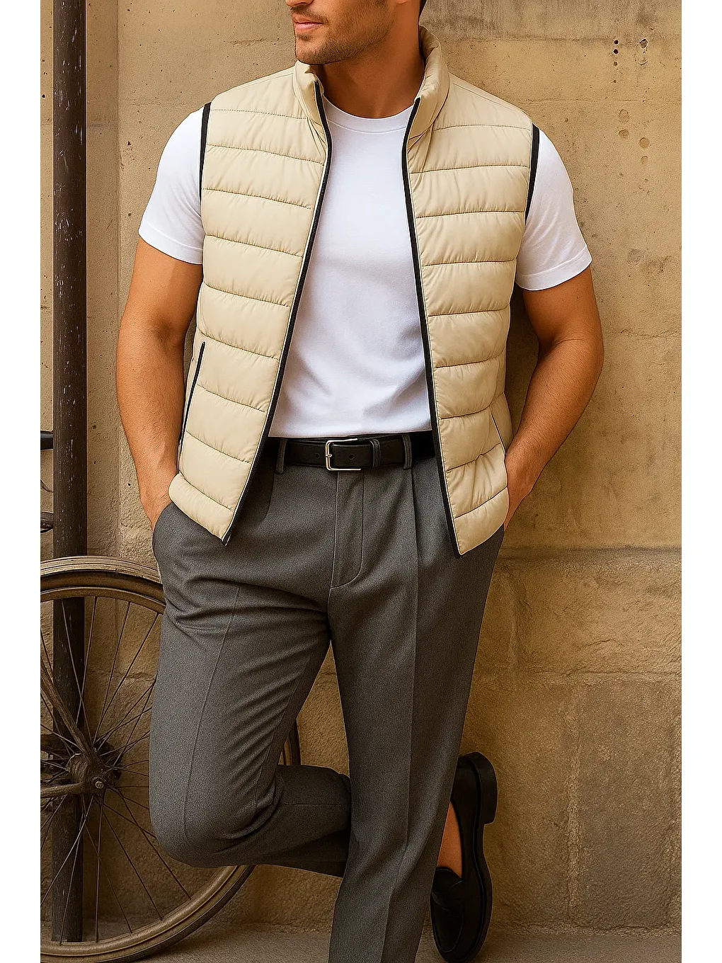 Ekru Erkek Kışlık Kolsuz Trend Astarlı Krem Şişme Yelek-2