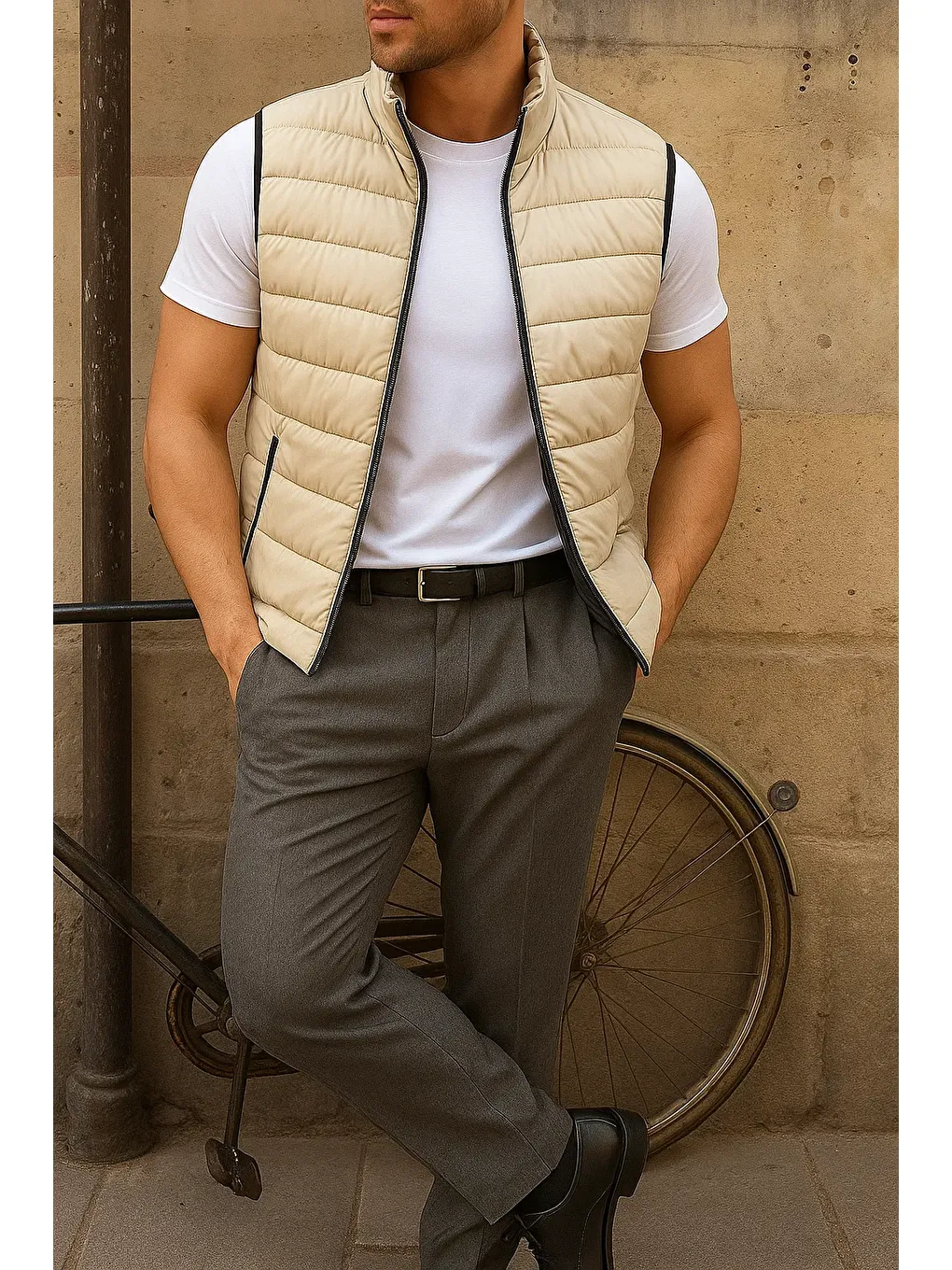 Ekru Erkek Kışlık Kolsuz Trend Astarlı Krem Şişme Yelek-3