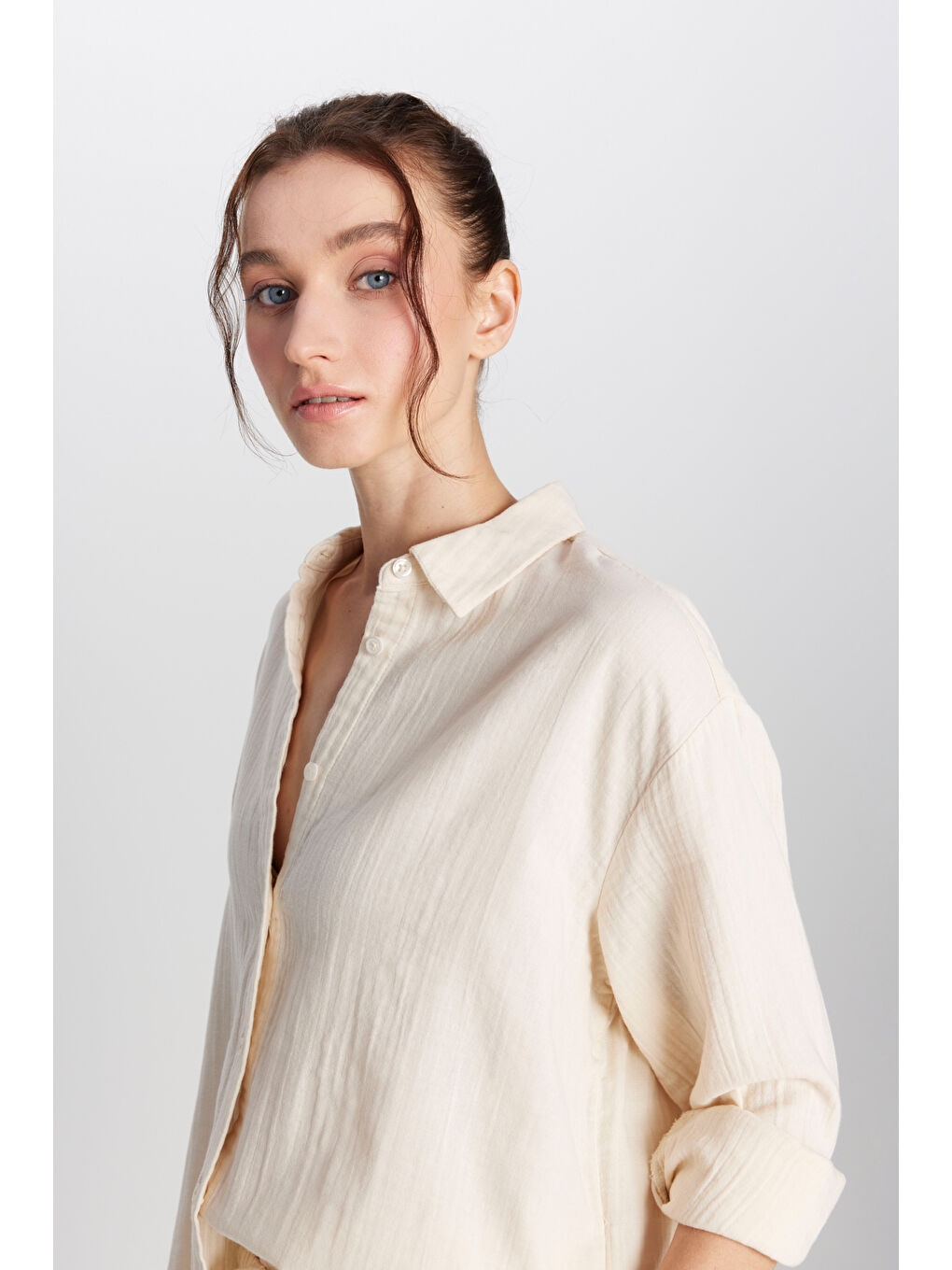 %100 Pamuk Relaxed Fit Geniş Kesim Ekru Müslin Gömlek-3