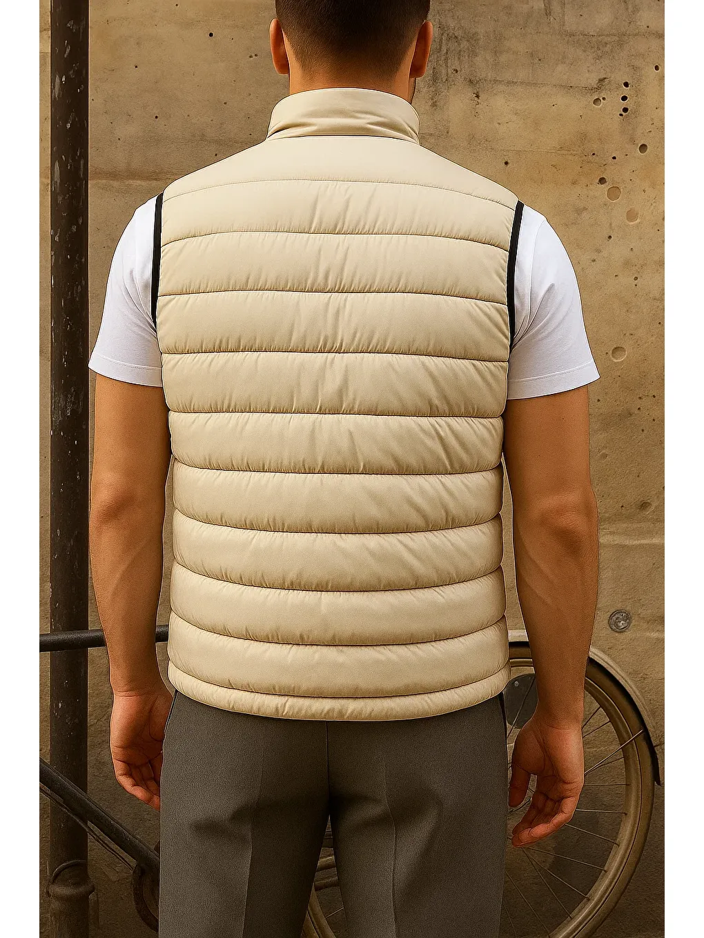 Ekru Erkek Kışlık Kolsuz Trend Astarlı Krem Şişme Yelek-5