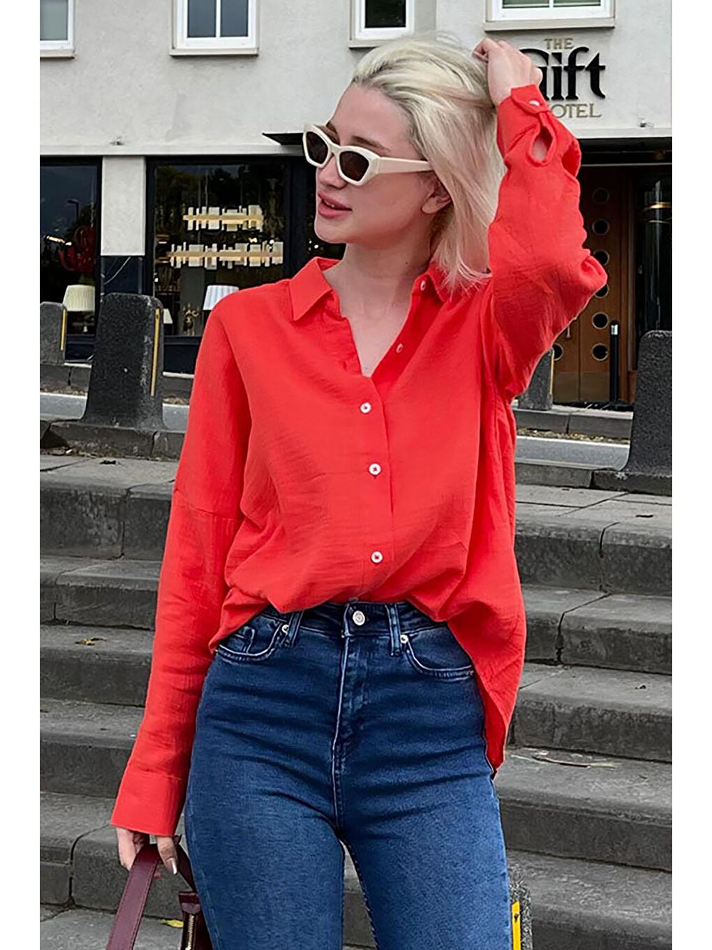 Kırmızı Muslin Kumaş Basic Kadın Gömlek Mg1660