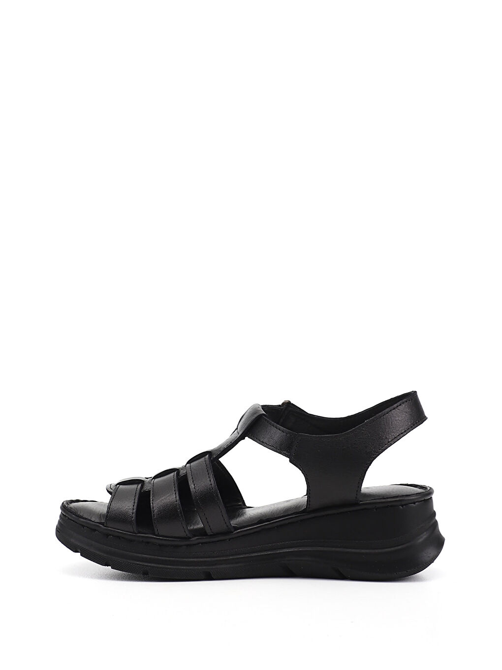 Siyah Kadın SİYAH Cırt Bantlı Dolgu Topuk Hakiki Deri Sandalet-4