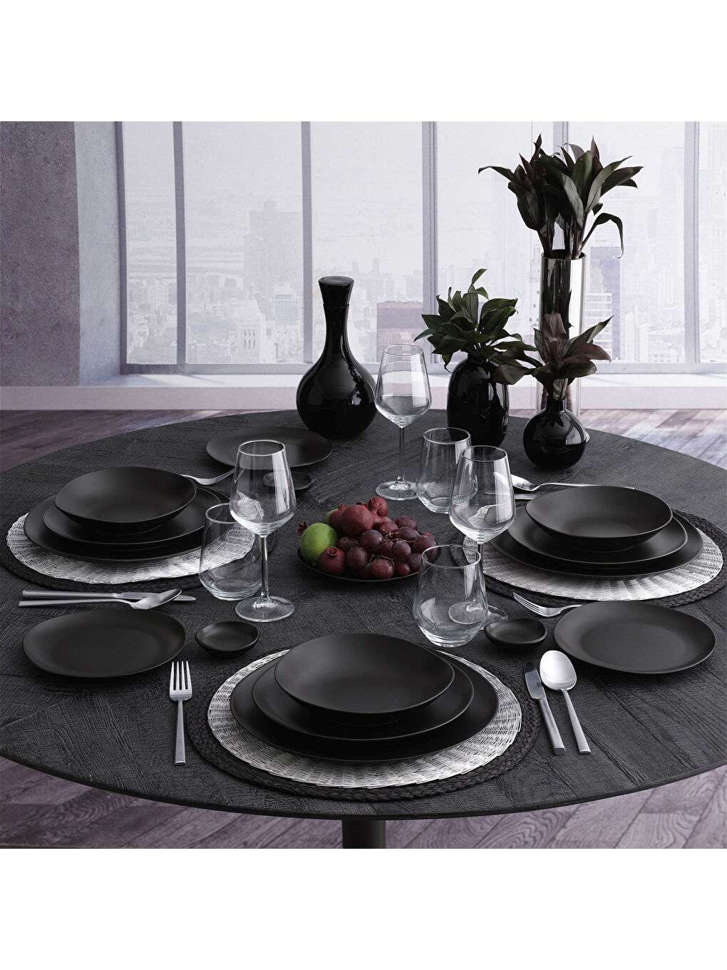 Ekru Roden 18 Parça 4 Kişilik Bone Yemek  Takımı - Bodrum Siyah