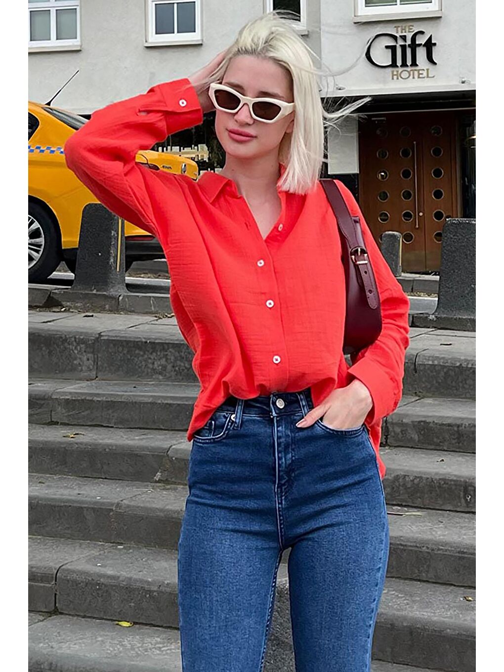 Kırmızı Muslin Kumaş Basic Kadın Gömlek Mg1660-1