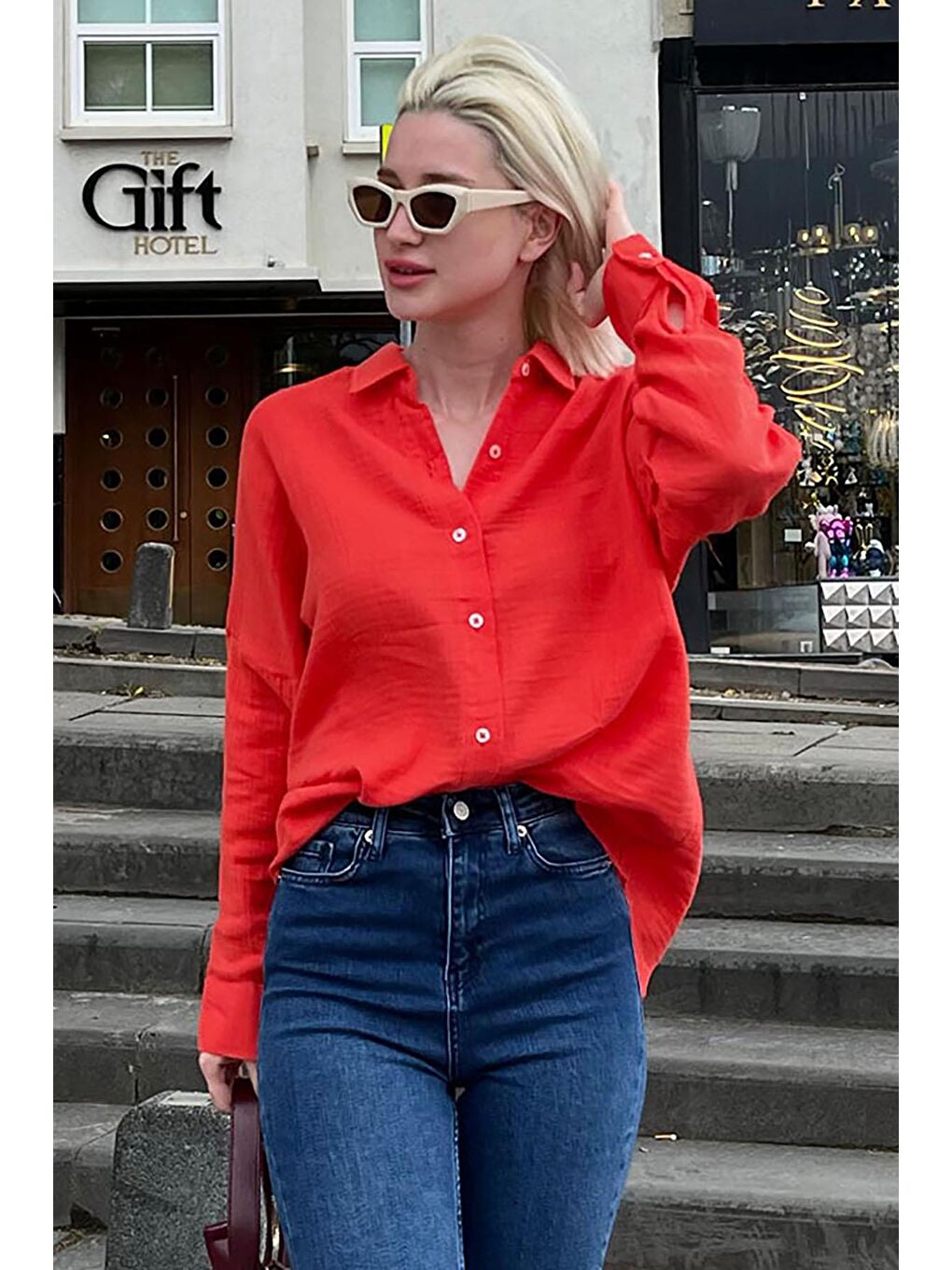 Kırmızı Muslin Kumaş Basic Kadın Gömlek Mg1660-2