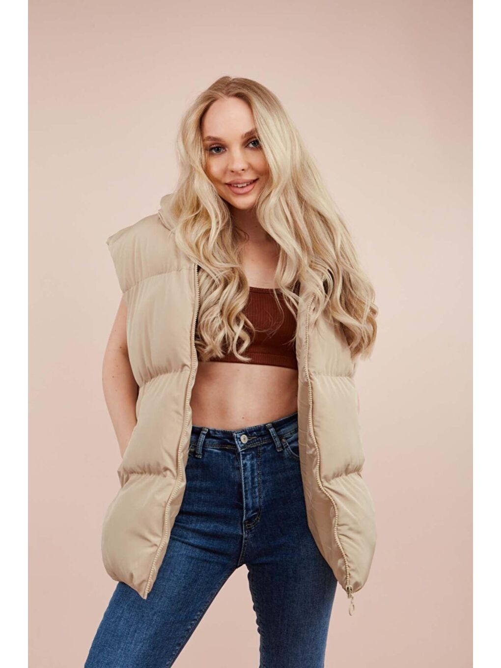 Ekru Kadın Krem Kapüşonlu Oversize Şişme Yelek-4