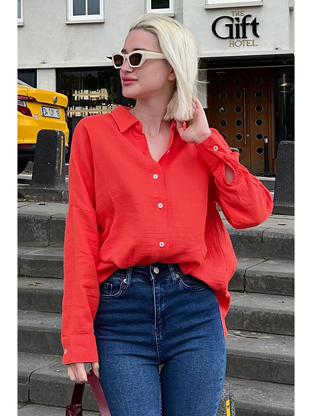 Kırmızı Muslin Kumaş Basic Kadın Gömlek Mg1660-3