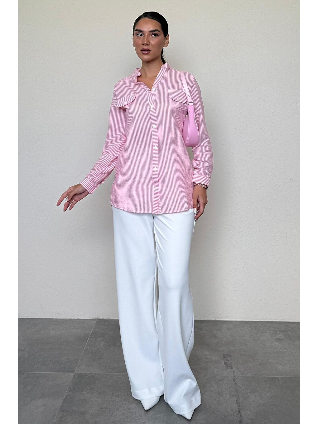Pembe Çizgili Gofre Kumaş Kadın Oversize Gömlek Mg1666