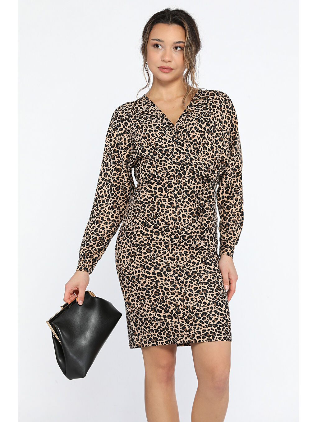 Kahverengi Leopar Desenli Kruvaze Yaka Süet Elbise-1