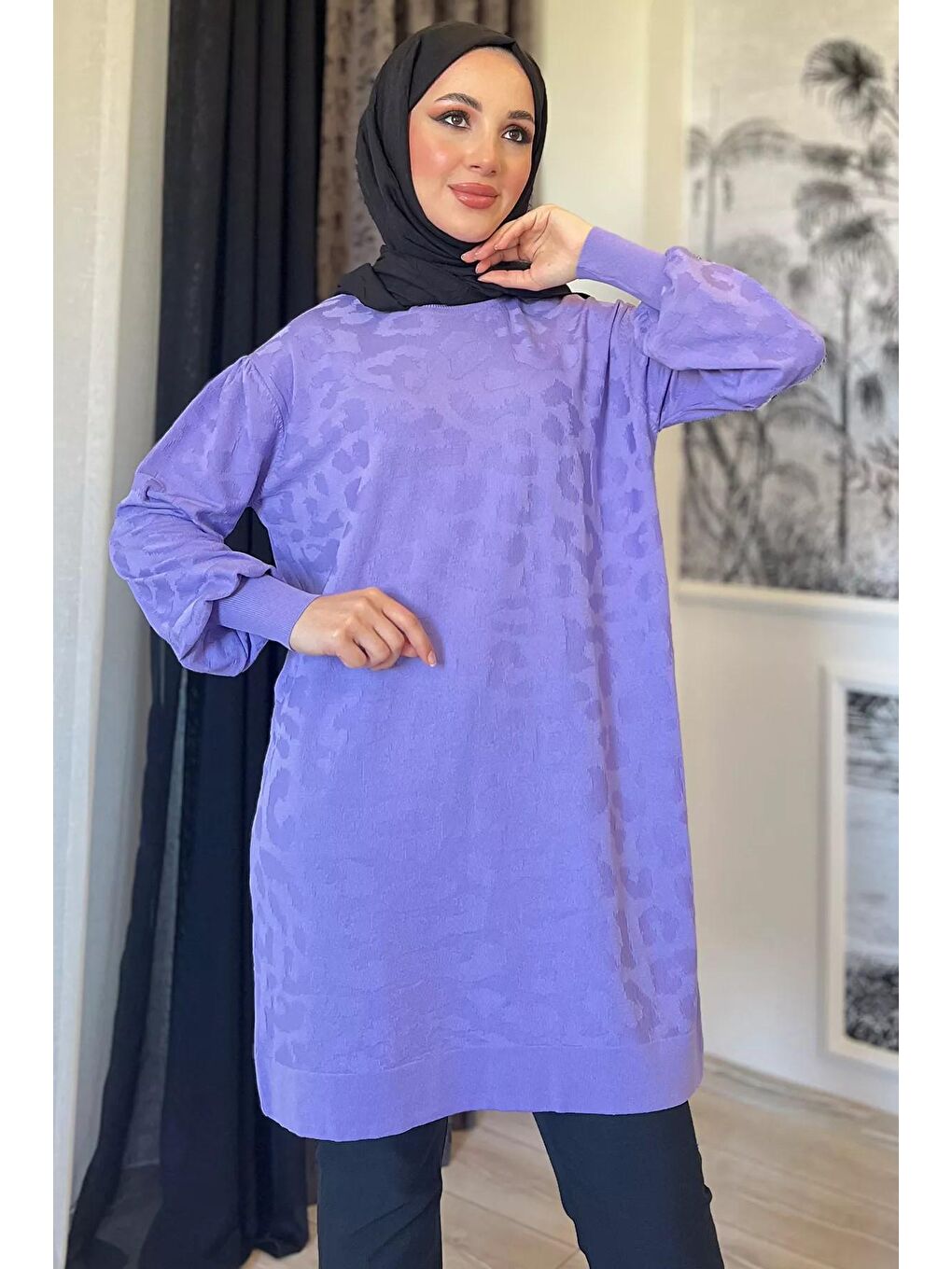 Lila Bisiklet Yaka Desenli Tesettür Triko Tunik