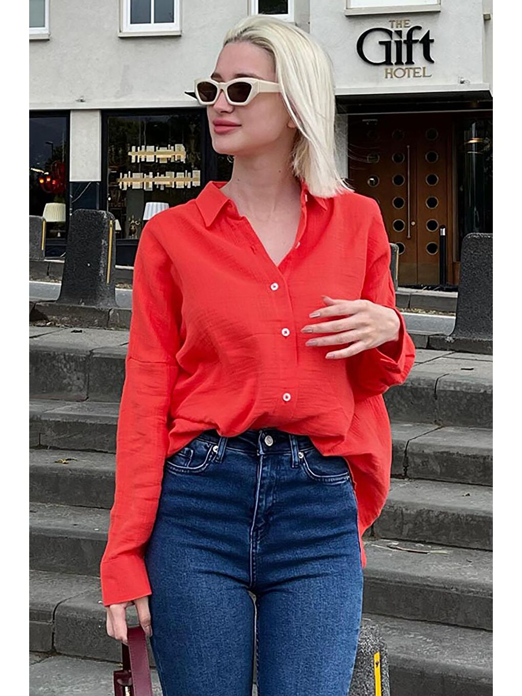 Kırmızı Muslin Kumaş Basic Kadın Gömlek Mg1660-4